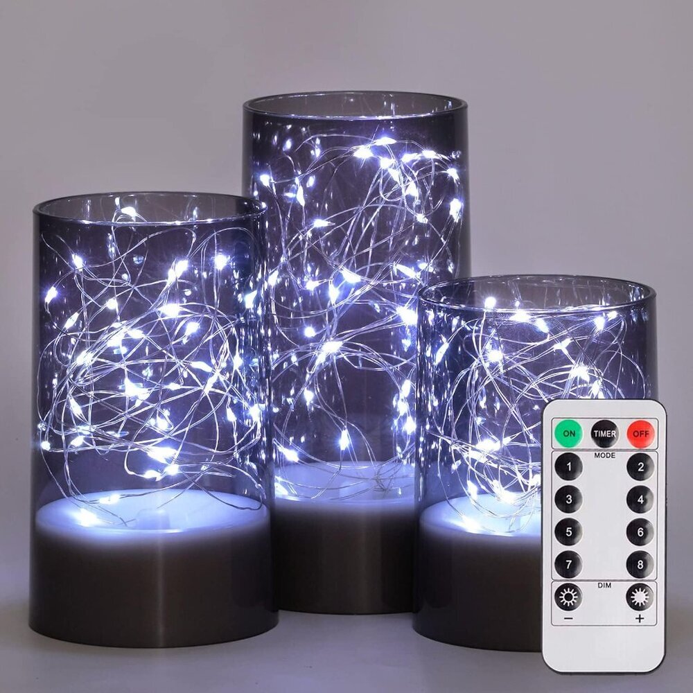 Flickering Flameless Candles with Remote, Embedded String Lights in Acylinder Va